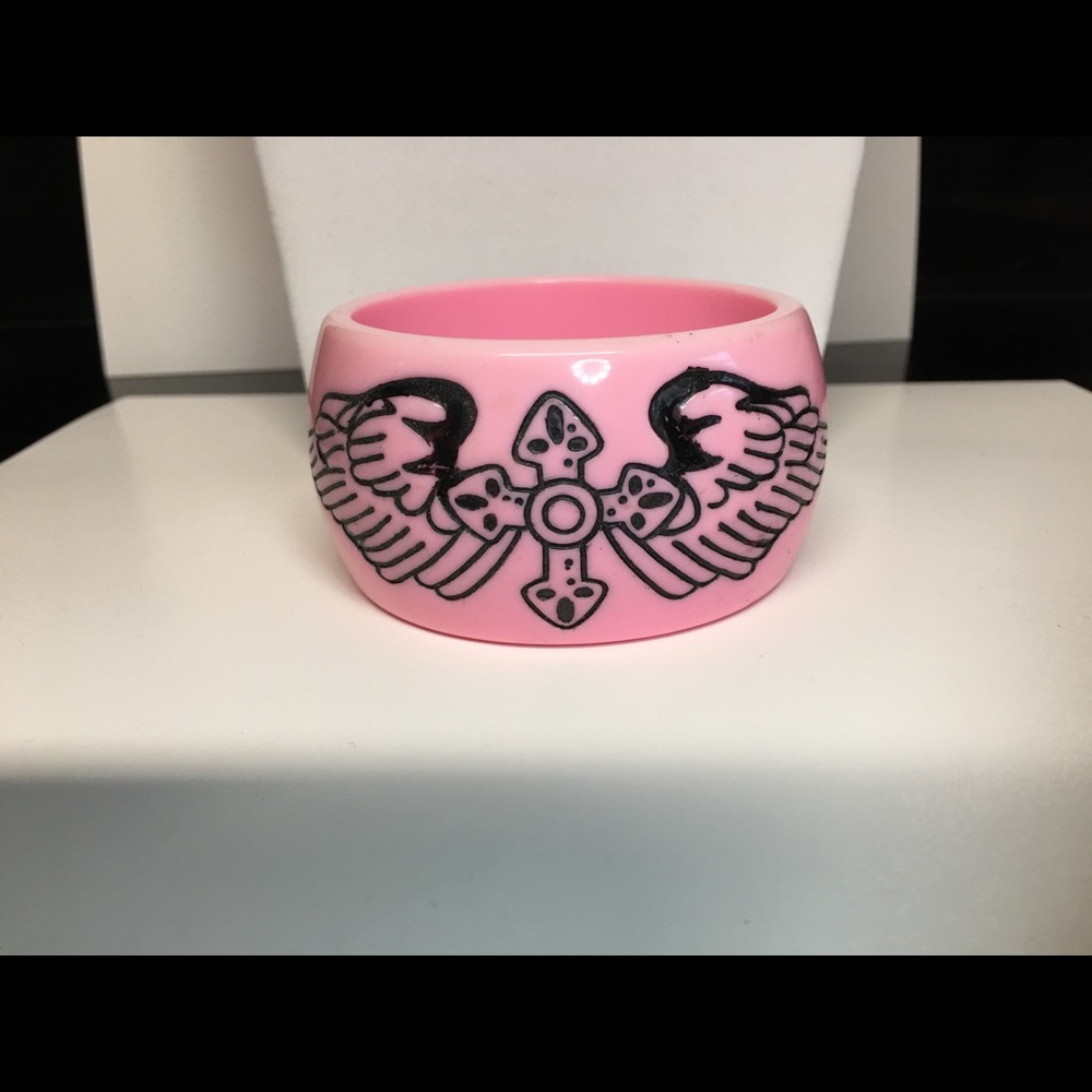 Pink and Black cross and angel wing chunky bangle